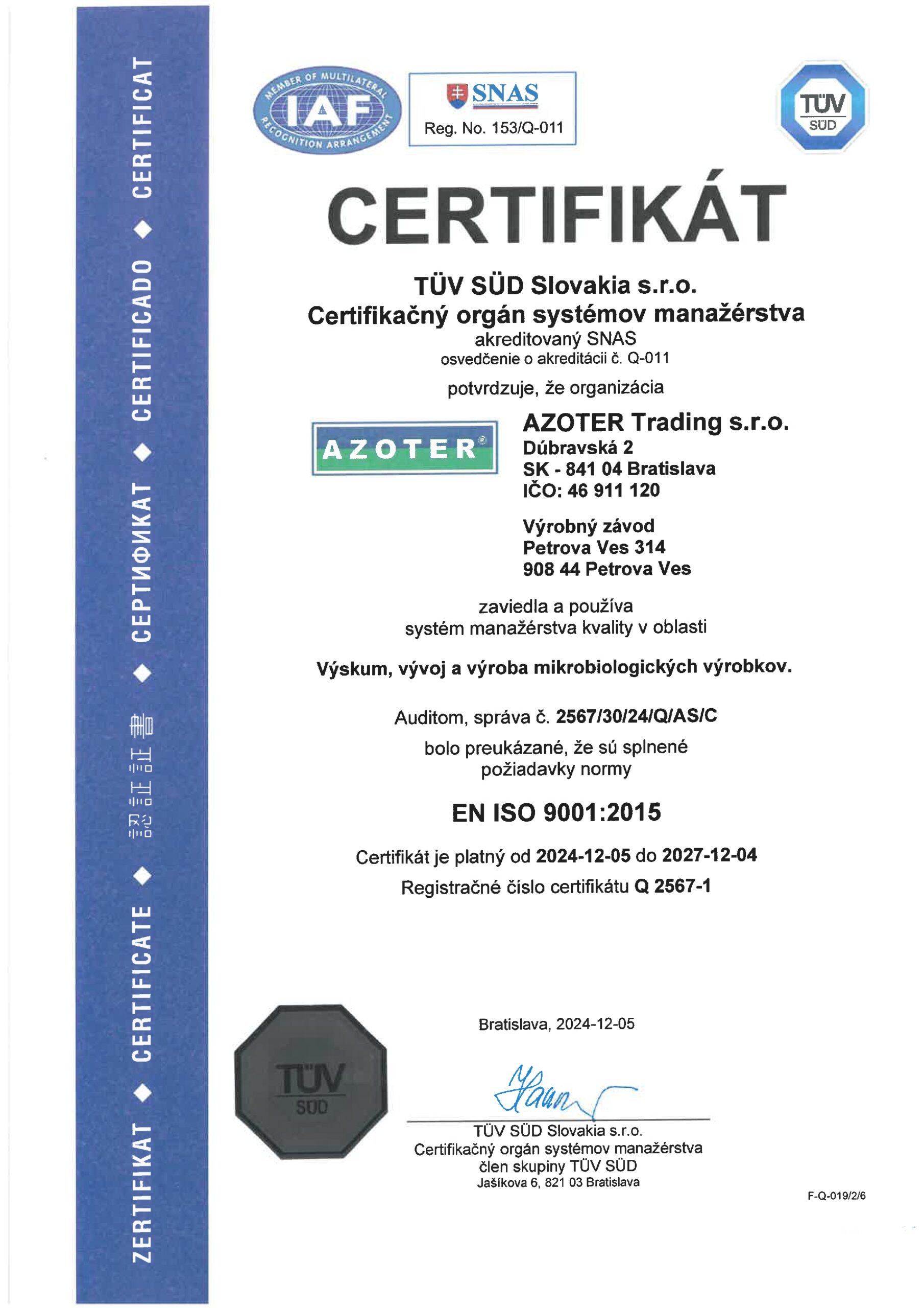 Certifikát ISO 1